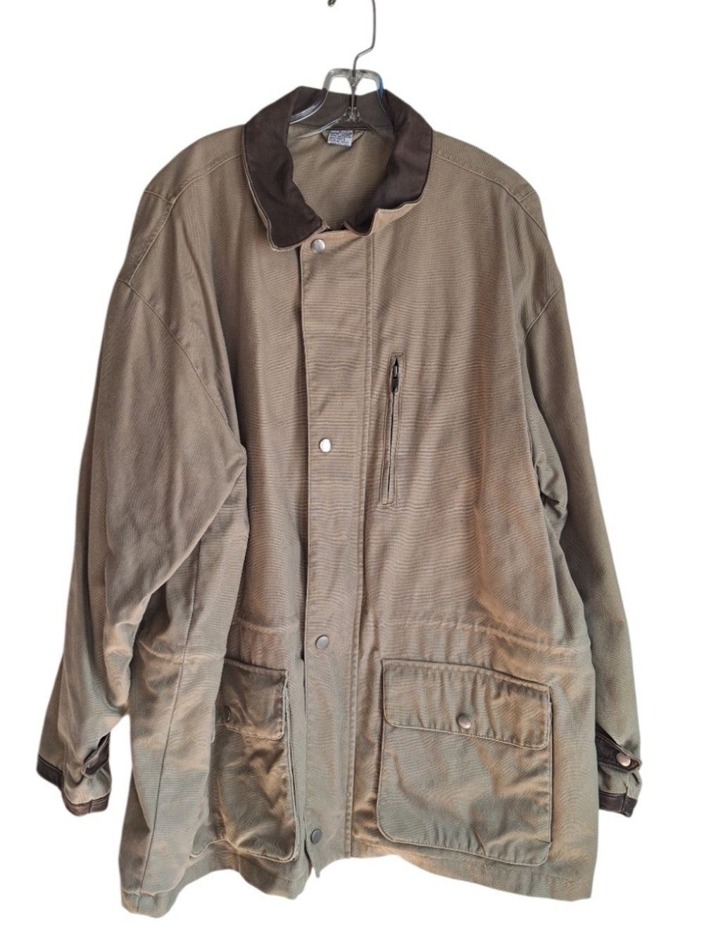 Men's Brown Canvas Field Jacket with Dark Leather Collar Size Large